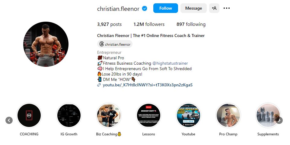 Christian Fleenor, an online fitness coach instgram account