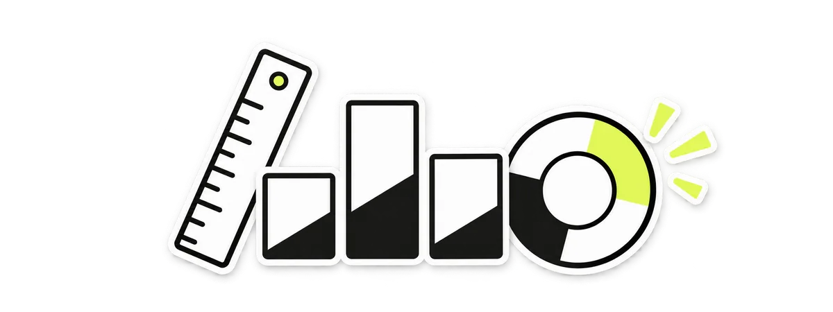 An analytics dial, columns and a measuring ruler — editorial illustration