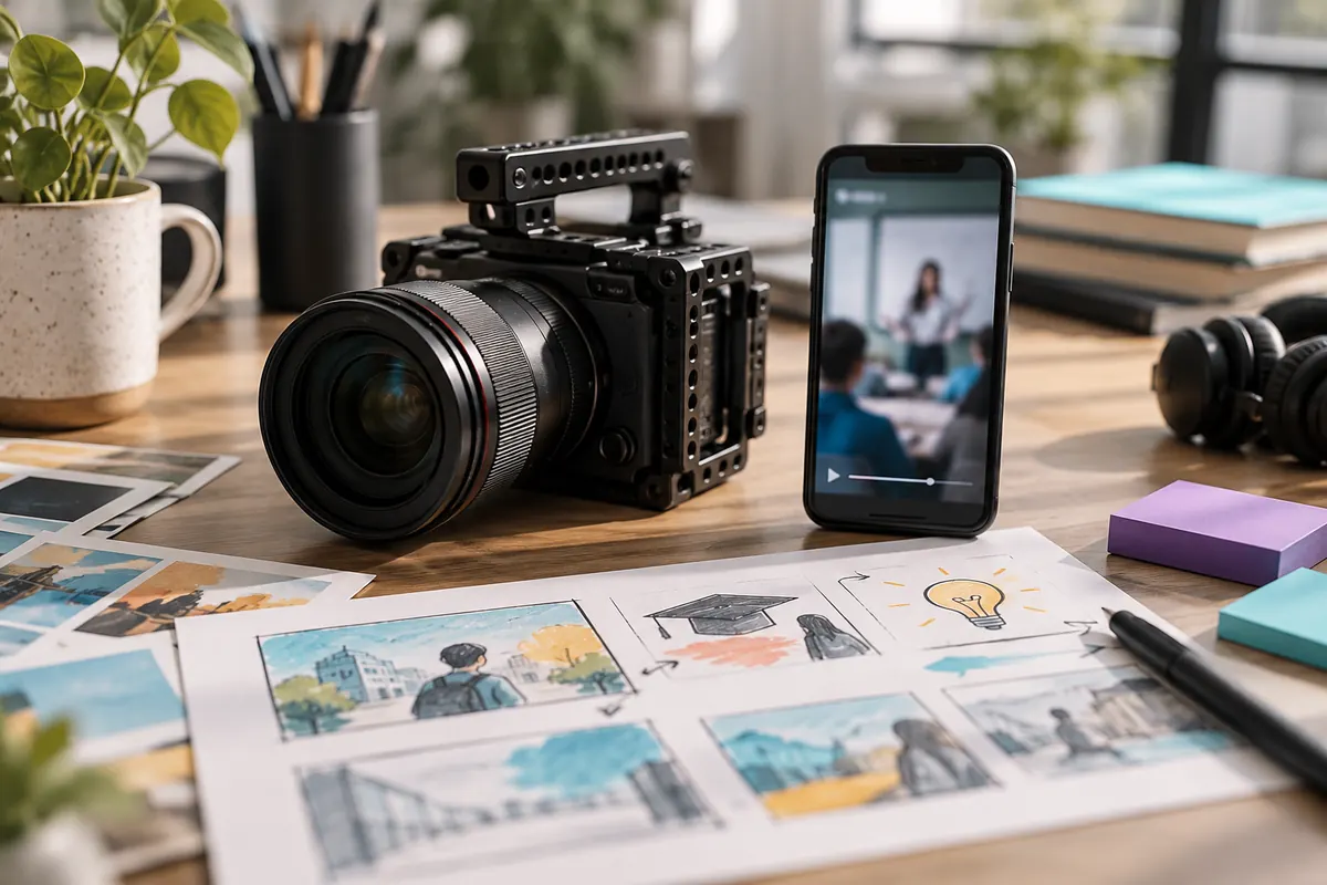 Illustration of a camera, education video and storyboard for creative production