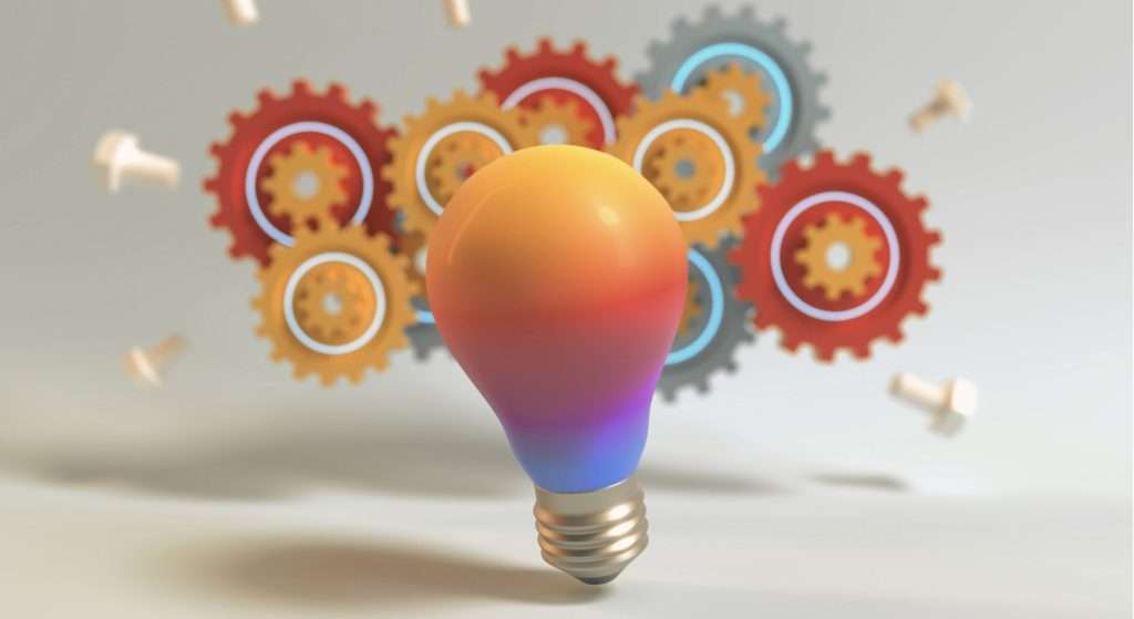 A lightbulb representing how student insights can distinguish  specific campaign decisions (represented by cogs) from generic marketing approaches.
