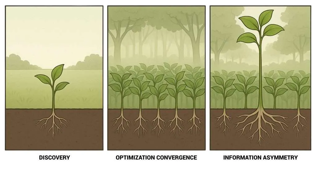 Three-panel illustration of the concept ‘The Seedling and the Forest.’ Panel 1 shows a single seedling growing in open soil (Discovery). Panel 2 depicts a dense forest of seedlings competing equally for sunlight (Optimization Convergence). Panel 3 highlights one plant with unique roots growing taller above the canopy (Information Asymmetry).