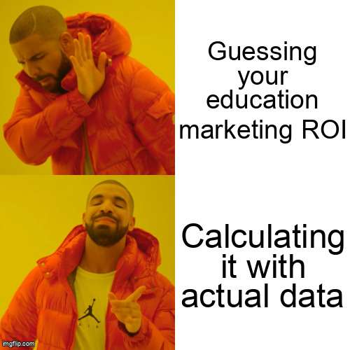 Education marketing ROI calculator meme: Drake prefers calculating ROI with data over guessing